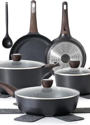 SENSARTE Pots and Pans Set Non stick, Non toxic Healthy Induction Cookware Sets, 14 Pcs Non Stick Kitchen Cooking Set with Frying Pans Set & Saucepan, PFOA PFOS APEO Free, Black