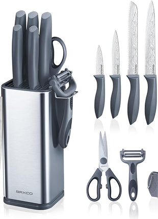 RAXCO 10-Piece Kitchen Knife Set | Stainless Steel Holder | Compact Design - Gray