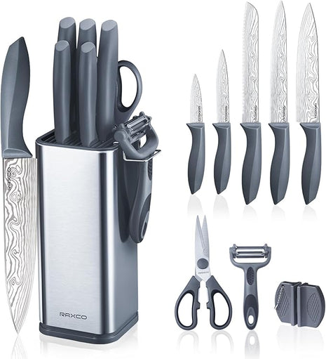 RAXCO 10-Piece Kitchen Knife Set | Stainless Steel Holder | Compact Design - Gray