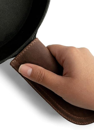 Hide & Drink, Full Grain Leather Hot Handle, Cast Iron Protector, Panhandle Potholder, Double Layered, Double Stitched, Slides On/Off Easily onto Metal Skillet Grips, Handmade, Bourbon Brown