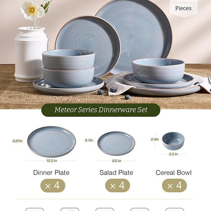 Famiware Meteor Plates and Bowls Sets for 4, 12 Pieces Dinnerware Sets, Microwave and Dishwasher Safe Dishes Set, Blue Gray