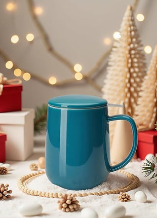 Sweese Porcelain Teacup with Infuser and Lid, 20oz, Steel Blue, Microwave Safe, Reusable