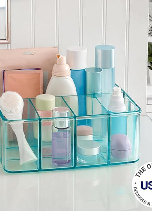 STORi 5-Compartment Plastic Organizer, Ocean Mist, Rectangular Divided Makeup and Vanity Storage Bin and Office Desk Caddy, Scalloped Wall Design, Made in USA