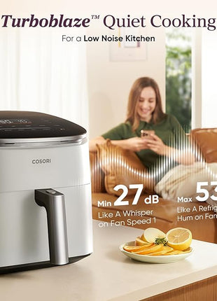 Cosori 9-in-1 TurboBlaze Air Fryer 6 Qt, Premium Ceramic Coating, 90°–450°F, Precise Heating for Even Results, Air Fry, Roast, Bake, Broil, Dry, Frozen, Proof, Reheat, Keep Warm, 120V, Light Gray