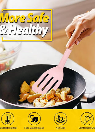 Pack of 2 Silicone Cooking Spatula, Heat Resistant Solid Turner, Non Stick Slotted Spatulas with Wooden Short Handle,Ideal Wood Kitchen Utensils Set for Frying, Baking, Flipping, Turning