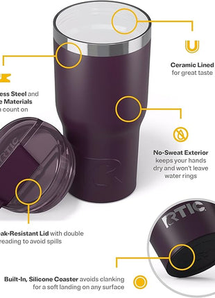 RTIC 20oz Essential Tumbler with Lid, Ceramic Lined, Insulated, Stainless Steel, Metal, Double Wall Vacuum-Insulation, Travel Cup for Iced Coffee, Tea, Hot and Cold Drink, Plum