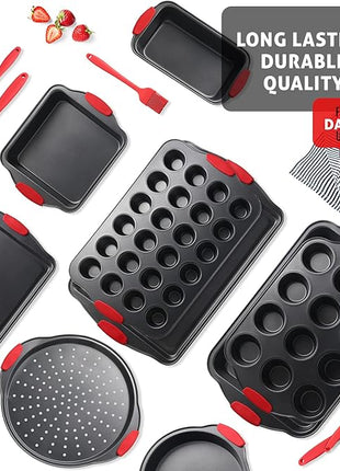 Baking Pan Set, 15 Piece Premium Nonstick Bakeware Sets BPA Free, Cookie Sheets Nonstick Steel Baking Sheets for Oven with Muffin Pan, Cake Pan & Kitchen Utensils - Black