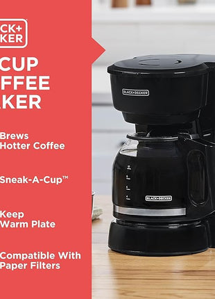 BLACK+DECKER 12-Cup Coffee Maker with Easy On/Off Switch, Easy Pour, Non-Drip Carafe with Removable Filter Basket, Vortex Technology, Black
