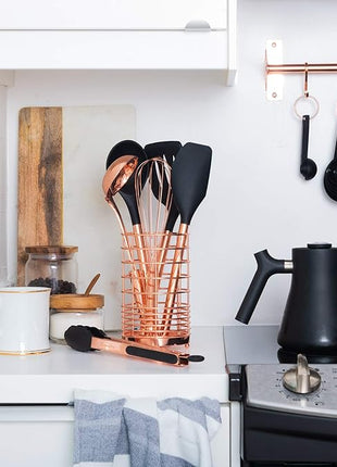 Black and Copper Kitchen Utensils with Holder - 17 Piece Set with Measuring Cups and Spoons, Rose Gold Cooking Tools - Stylish Black and Copper Kitchen Accessories for Modern Cooking and Baking