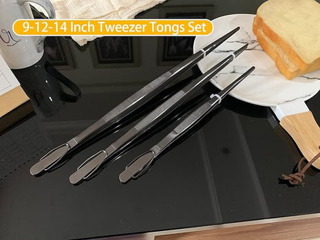 JETKONG Extra Long Kitchen Tweezers Heavy Duty Stainless Steel Cooking Tweezers, Set of 3 (9 12 14 Inch, Black)