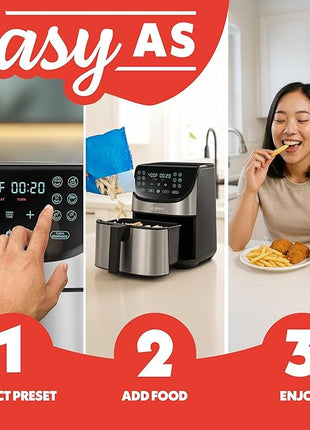 Gourmia Air Fryer - 8 Qt Extra Large Capacity, FryForce360º, Digital Display with 12 Presets, Roast, Bake, Broil, Dehydrate, Dishwasher Safe Accessories, Stainless Steel