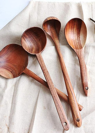 FJNATINH Wooden Soup Ladle Set, Kitchen Spoon Set Utensils, 4 Pcs Handmade Natural Teak Cooking Spoons, Long Handle Wooden Soup Ladle Spoon