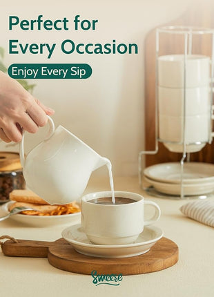 Sweese Porcelain Cappuccino Cups Set - 8 oz Stackable Coffee Mugs with Saucers, Metal Stand, Dove Grey, Set of 4