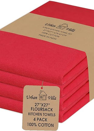 Urban Villa Flour Sack Red Kitchen Towels 100% Cotton Highly Absorbent Dish Towels for Bread Proofing Baking Drying Dinnerware Glass Embroidery DIY Projects Zero Lint 27x27 Inches (4 Pack)
