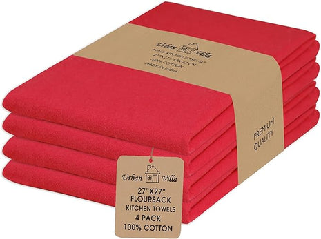 Urban Villa Flour Sack Red Kitchen Towels 100% Cotton Highly Absorbent Dish Towels for Bread Proofing Baking Drying Dinnerware Glass Embroidery DIY Projects Zero Lint 27x27 Inches (4 Pack)