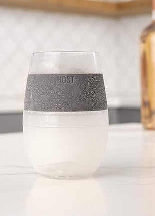 HOST 2962 Freeze Stemless Red & White Wine Tumbler Cups, Insulated Plastic Glass, Set of 2, 8.5 oz, Grey Silicone Bands