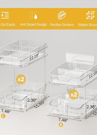 Delamu 2-Tier Under Sink Organizers and Storage, Multi-Purpose Stackable Bathroom Cabinet Organizers, Pull Out Kitchen Pantry Organization and Storage with Dividers(4 Pack, Clear)