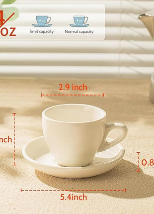 Sweese 4oz Porcelain Espresso Cups with Saucers, Set of 6 - Ideal for Espresso, Cappuccino, Latte, Tea - White