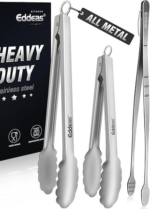 Tongs For Cooking - Heat Resistant 600 Degrees, All Metal Kitchen Tweezers Tongs, Heavy Duty Stainless Steel Cooking for Food, Grill, BBQ, Dishwasher safe Set of 4 (12" & 9in)