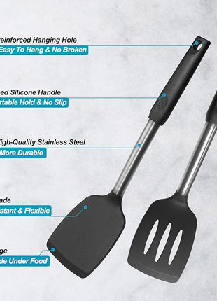 2 Pack Spatulas, Solid & Slotted Silicone Spatula Set, Stainless Steel Handle Coated with Silicone, Non Stick Turners, Heat Resistant Rubber Spatulas for Fish, Eggs, Pancakes, WOK, Black