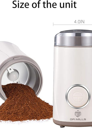 DR MILLS DM-7441W Coffee Grinder Electric, Coffee Bean and Dried Spice Grinder, One Touch Operation, Blade and Cup Made with SUS304 Stainless Steel (White)