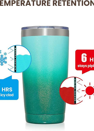 MEWAY 20oz Tumbler 4 Pack Double Wall Vacuum Insulated Travel Glitter Mug Bulk, Stainless Steel Tumblers with Lid and Straw, Powder Coated Coffee Cups for Woman(Gradient Green,Set of 4)