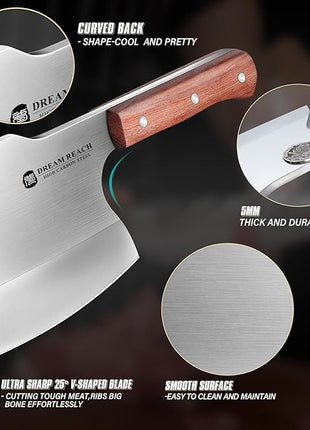 Dream Reach Meat Cleaver Knife Heavy Duty Bone Chopper Stainless Steel Butcher Axe Hand Forged Butcher Knife Meat Bone Cleaver for Kitchen Outdoor BBQ, Christmas Gifts for Men Women