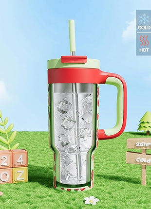 24 oz Metal Tumbler Cup for Girls: Easy Grip Handle, Leak-Proof when Sealed, Easy to Clean, Double Wall Vacuum Cup for Home, School, Daycare, Party, Picnic, Hiking, Travel, Gift (Strawberry Pop)