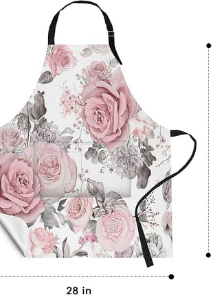 Britimes Apron Home Kitchen Cooking Baking Gardening for Women Men with Pockets Pink Flowers Leaves Watercolor Floral 32x28 inch