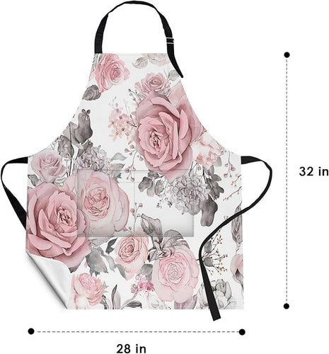Britimes Apron Home Kitchen Cooking Baking Gardening for Women Men with Pockets Pink Flowers Leaves Watercolor Floral 32x28 inch
