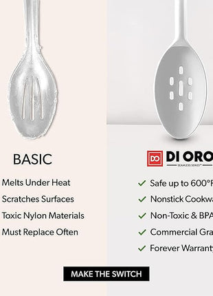 DI ORO Silicone Spoons for Cooking - Large Kitchen Utensils for Mixing, Serving, & Stirring - 600F Heat-Resistant Non Stick - Big Solid & Slotted Basting Spoons - Dishwasher Safe (2pc, Stone)
