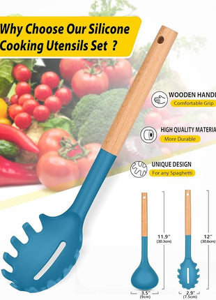 Silicone Pasta Fork and Ladle Spoon Set with Wooden Handle, Heat Resistant Non Stick Kitchen Utensils for Cooking, Stirring, Serving Spaghetti, Soup, Sauce(BLUE)