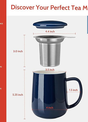 Sweese 20oz Porcelain Teacup with Infuser and Lid, Large Tea Mug for Loose Tea - Microwave and Dishwasher Safe, Insulated, Modern Design for Tea Lovers