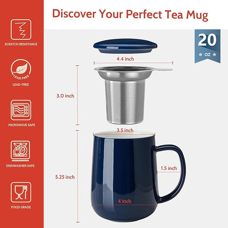Sweese 20oz Porcelain Teacup with Infuser and Lid, Large Tea Mug for Loose Tea - Microwave and Dishwasher Safe, Insulated, Modern Design for Tea Lovers