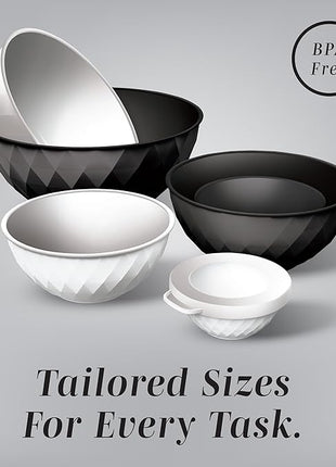 COOK WITH COLOR Mixing Bowls with Lids - 12 Piece Plastic Nesting Bowls Set includes 6 Prep Bowls and 6 Lids, Diamond Design - Microwave Safe, Black and White