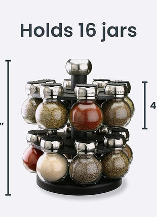 Olde Thompson Since 1944 Orbit Rotating Rack, 16 Refillable Spice Jars, Labeled Shaker Tops, 45, Black, Clear