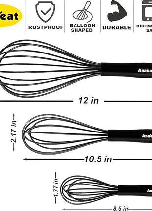 Anaeat Silicone Balloon Whisk, Perfect for Non-Stick Cookware, Milk and Egg Beater Blender, Heat Resistant Kitchen Whisks for Whisking, Cooking, Baking, Beating, Frothing & Stirring (Black)