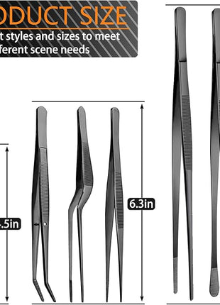 JETKONG 6 Pcs Cooking Tweezer Tongs, 12'' and 6.3" Stainless Steel Kitchen Tweezer Set, Professional Chef Tweezers for Cooking, Repairing, Sea Food, BBQ, Multi-use (Black)
