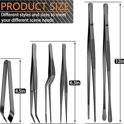 JETKONG 6 Pcs Cooking Tweezer Tongs, 12'' and 6.3" Stainless Steel Kitchen Tweezer Set, Professional Chef Tweezers for Cooking, Repairing, Sea Food, BBQ, Multi-use (Black)
