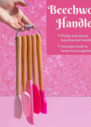 Paris Hilton Silicone Spatula Set, Heat Resistant Kitchen Utensils Tool Set includes a basting brush, all-purpose spatula, large spatula, spoon and spreader, 5-Piece Pink