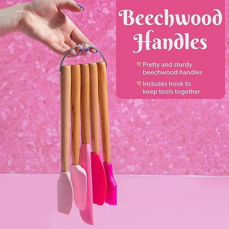 Paris Hilton Silicone Spatula Set, Heat Resistant Kitchen Utensils Tool Set includes a basting brush, all-purpose spatula, large spatula, spoon and spreader, 5-Piece Pink