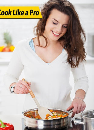 Pack of 4 Silicone Cooking Utensils Set, Non Stick Solid Spatulas and Heat Resistant Slotted Spoons with Wooden Handle, Ideal Wood Kitchen Utensils Set for Frying,Serving,Turning,Stirring (KHAKI)