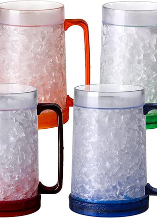 Double Wall Gel Frosty Freezer Ice Mugs Clear 16oz Set of 4 (Blue, Red, Orange and Green)