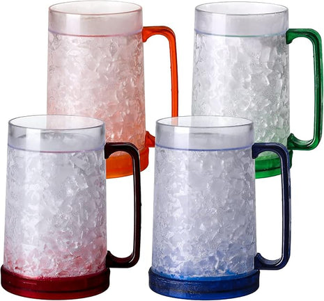 Double Wall Gel Frosty Freezer Ice Mugs Clear 16oz Set of 4 (Blue, Red, Orange and Green)
