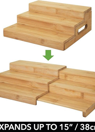 mDesign Bamboo Adjustable, Expandable Spice Rack Organizer with 3 Levels Storage for Kitchen Cabinet, Countertop, Pantry Shelf - Holds Spice Jars - Echo Collection - Natural