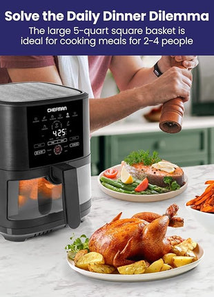 CHEFMAN 5-Quart Digital Air Fryer with Temperature Probe, 8 Customizable Cooking Presets, Large Easy-View Window, Give Your Food an Extra Crispy Finish, Nonstick Dishwasher-Safe Basket & Tray, Black