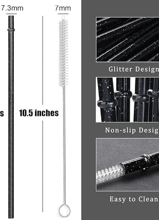 ALINK 12PCS Reusable Black Glitter Straws, 11" Long Hard Plastic Tumbler Drinking Straws for 16 OZ 20 OZ 30 OZ Stanley, YETI, Mason Jar, Starbucks Tumblers with Cleaning Brush