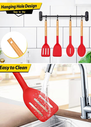 Pack of 4 Silicone Cooking Utensils Set, Non Stick Solid Spatulas and Heat Resistant Slotted Spoons with Wooden Handle, Ideal Wood Kitchen Utensils Set for Frying,Serving,Turning,Stirring (RED)