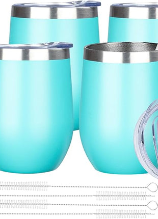 MEZMUT 12 Oz Insulated Wine Tumbler with Lid Double Wall Vacuum Stainless Steel Wine Glass Coffee Mug Insulated Tumbler Cup for Champaign, Cocktail, Beer (Teal, 4 Pack)