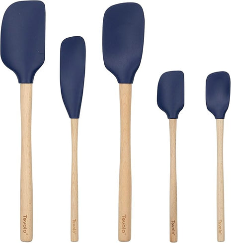 Tovolo Silicone Spatula with Wooden Handle Set of 5 Piece Silicone Kitchen Utensil Set Spoonula Jar Scraper Mini Spatula and Spoonula for Cooking Baking Mixing Folding Deep Indigo